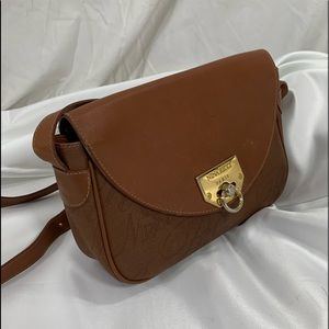 Vintage NINA RICCI tan canvas and leather shoulder bag logo crossbody